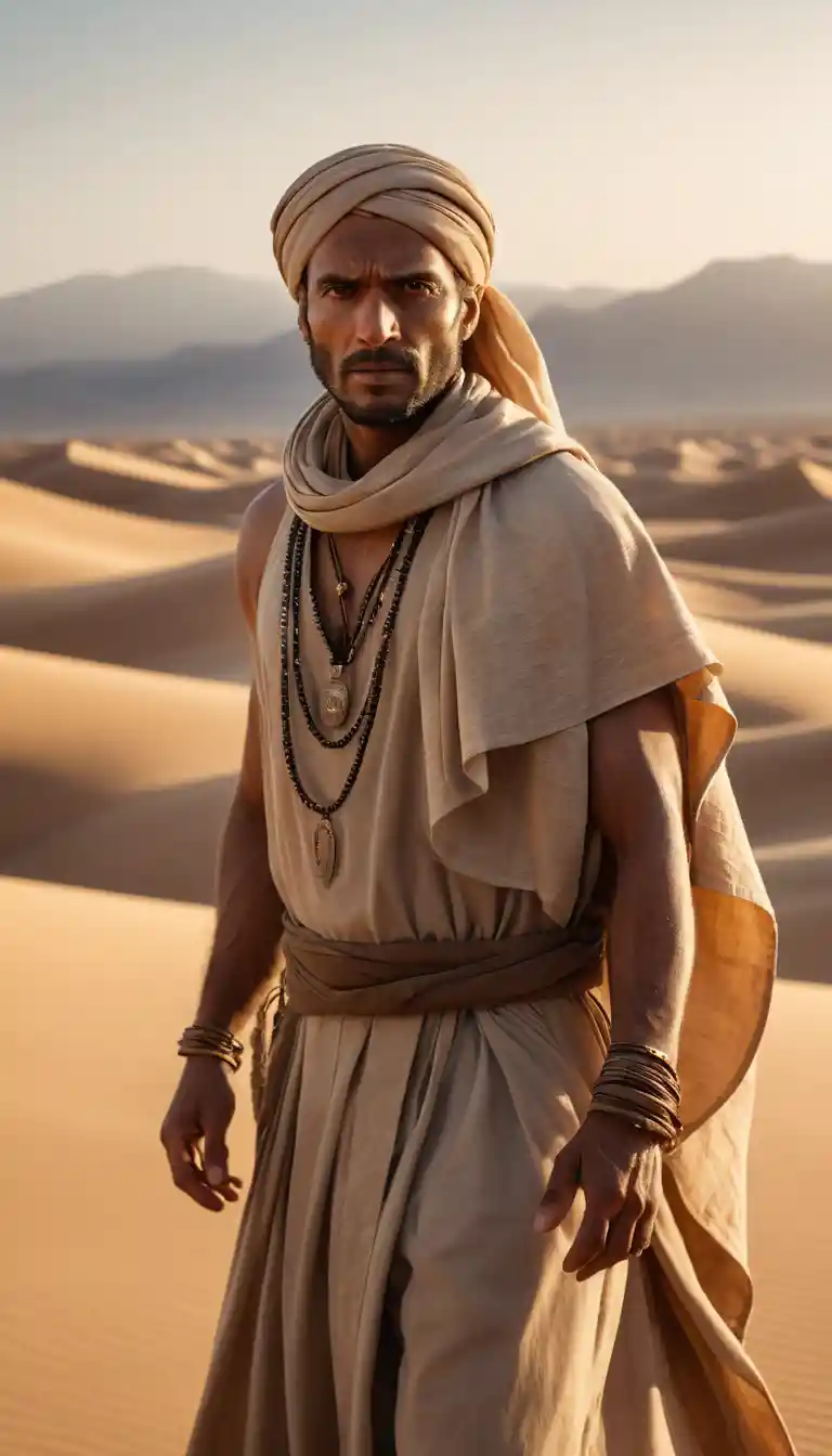 Desert nomad portrait in warm golden hour sunlight