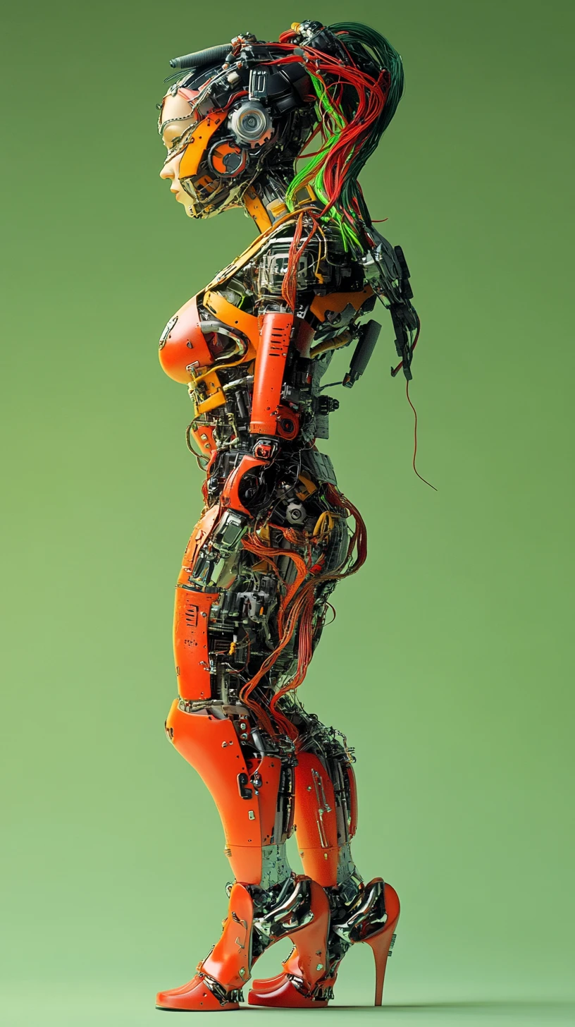 Donna cibernetica futuristica in elegante profilo biomeccanico