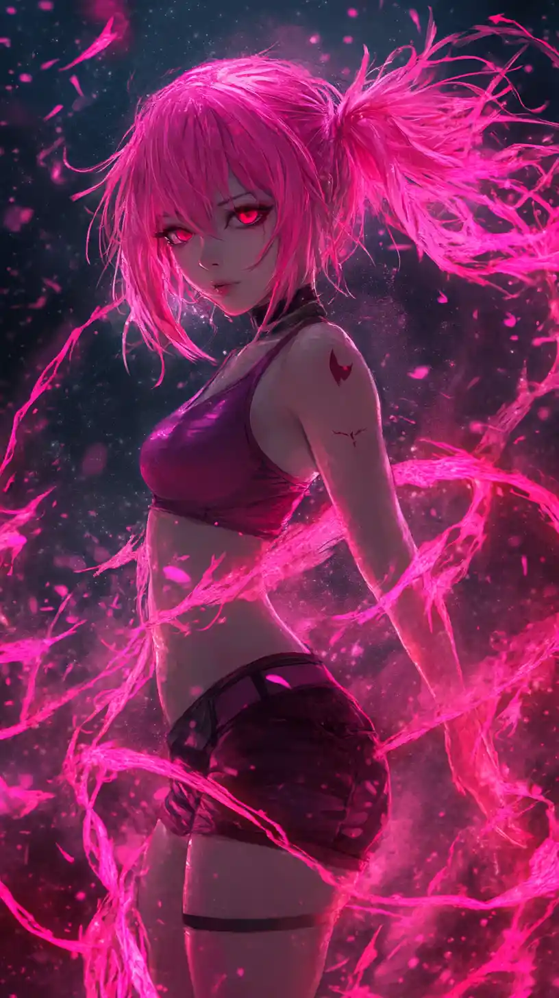 Anime girl with pink energy in a starry cosmic scene