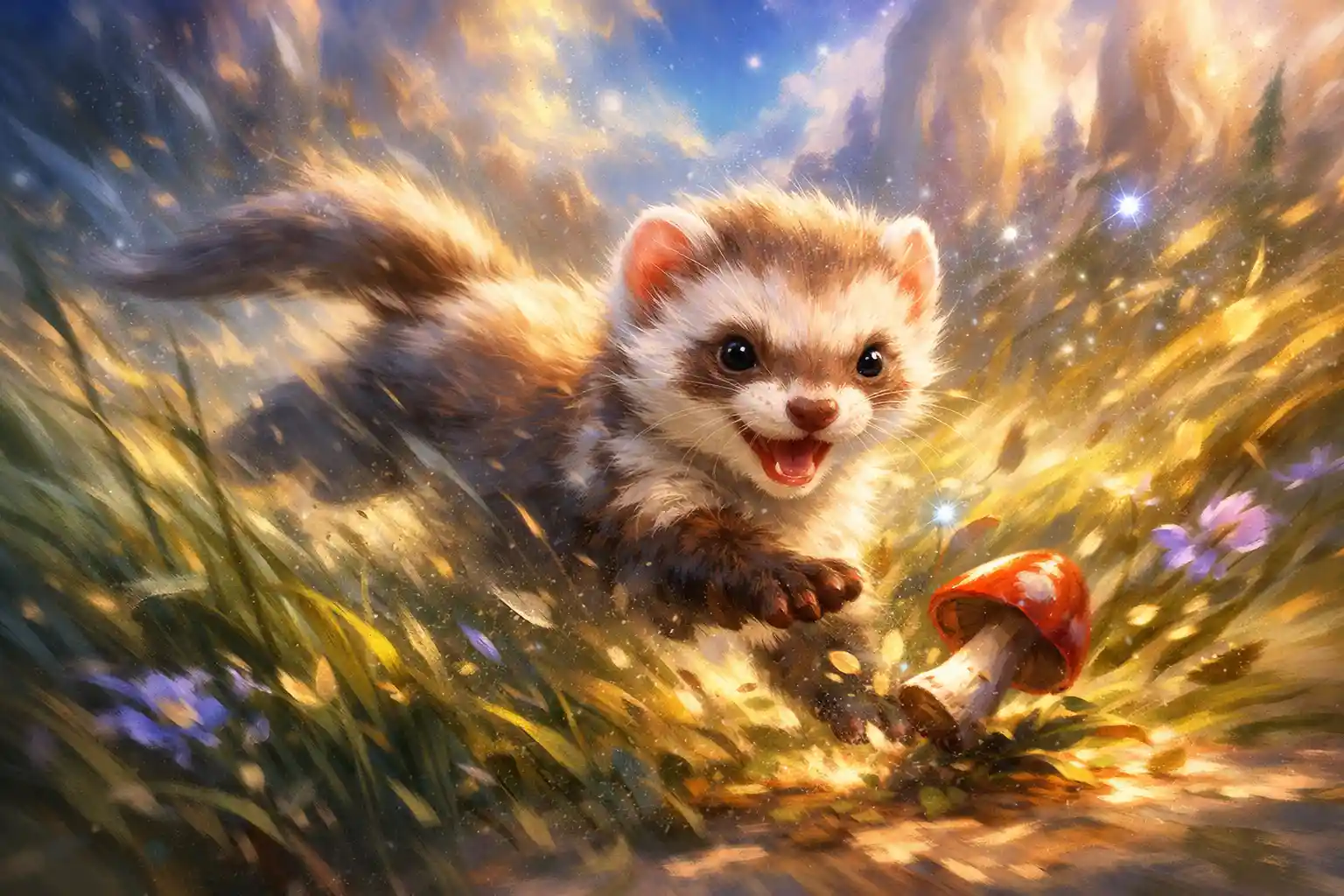 Playful ferret kit racing through tall grass in motion