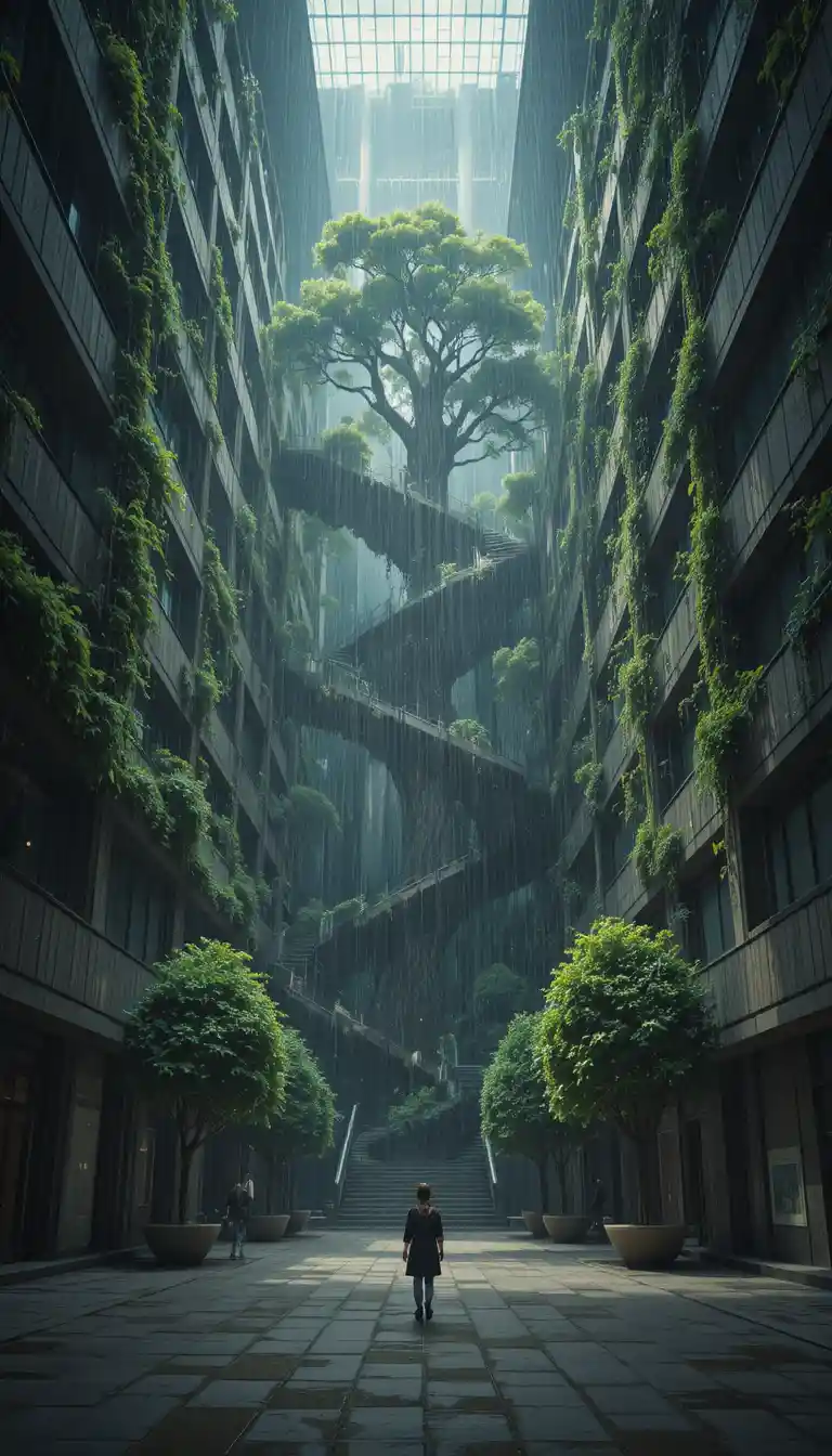 Futuristic tower with giant tree rising through its core