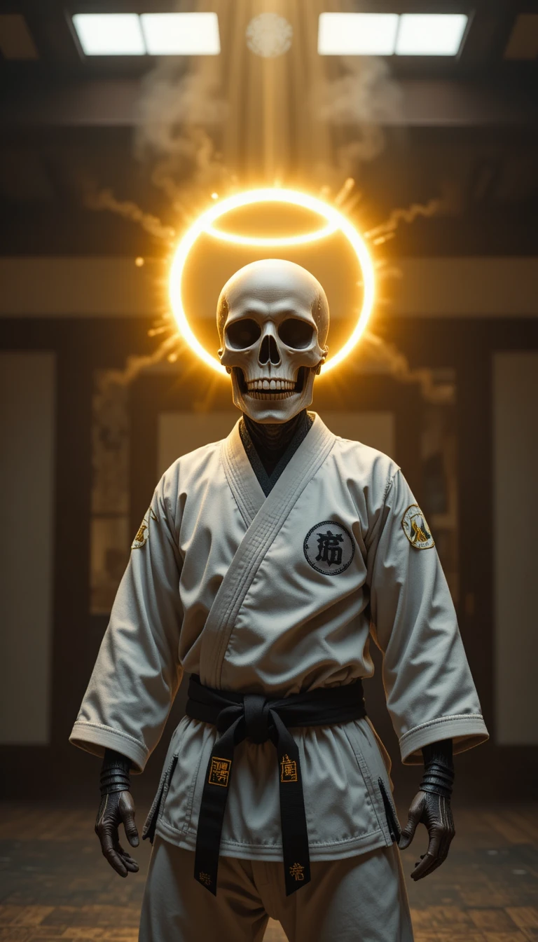 Skull In Karate Uniform With Glowing Angelic Halo In Dojo