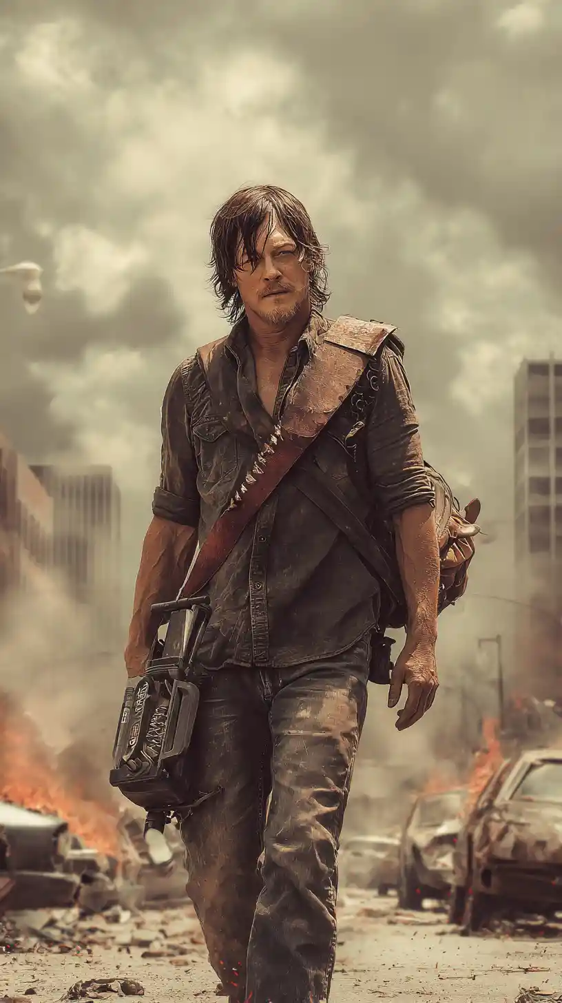 Close up of survivors fighting zombies in ruined city streets