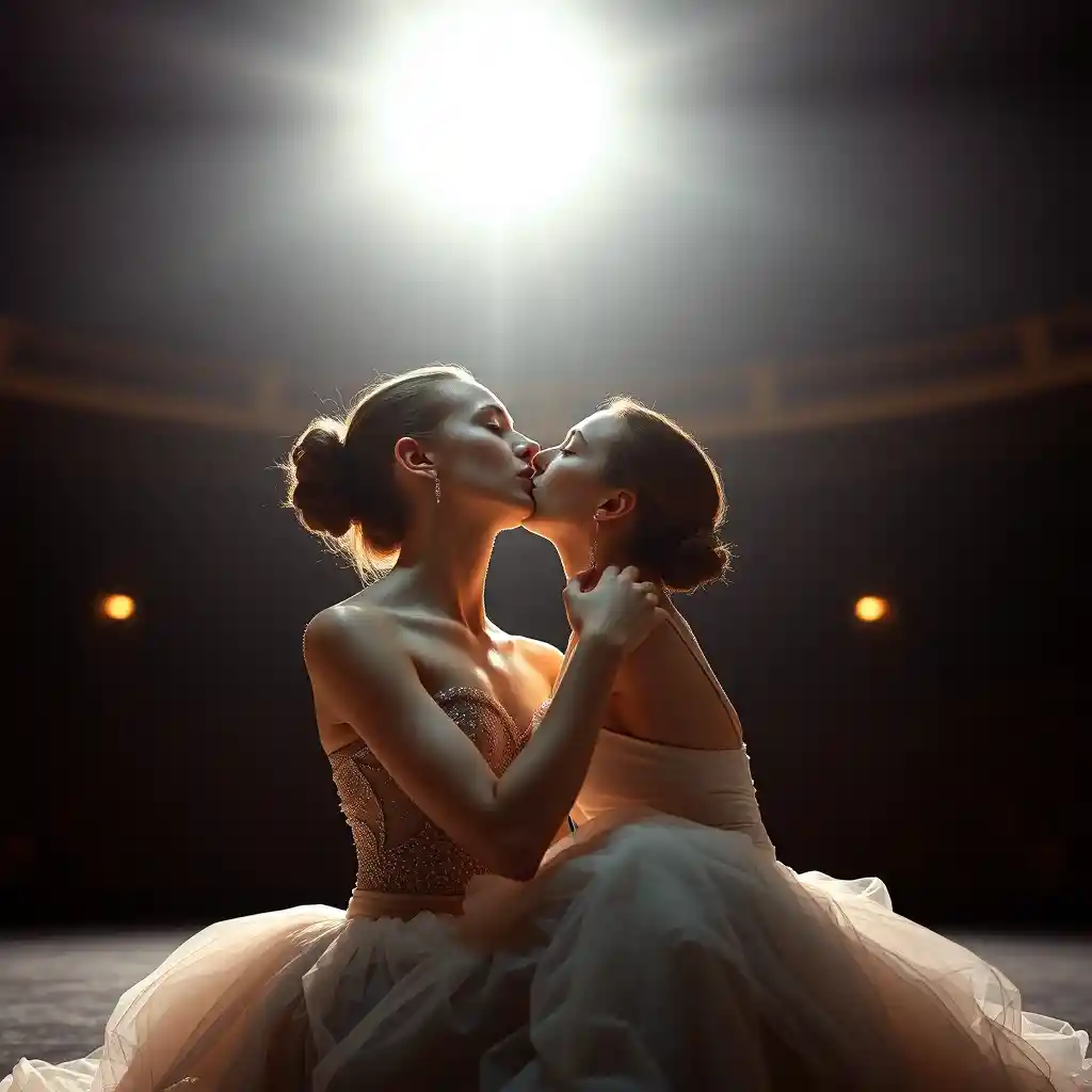 Two ballerinas share a tender kiss on a dark stage