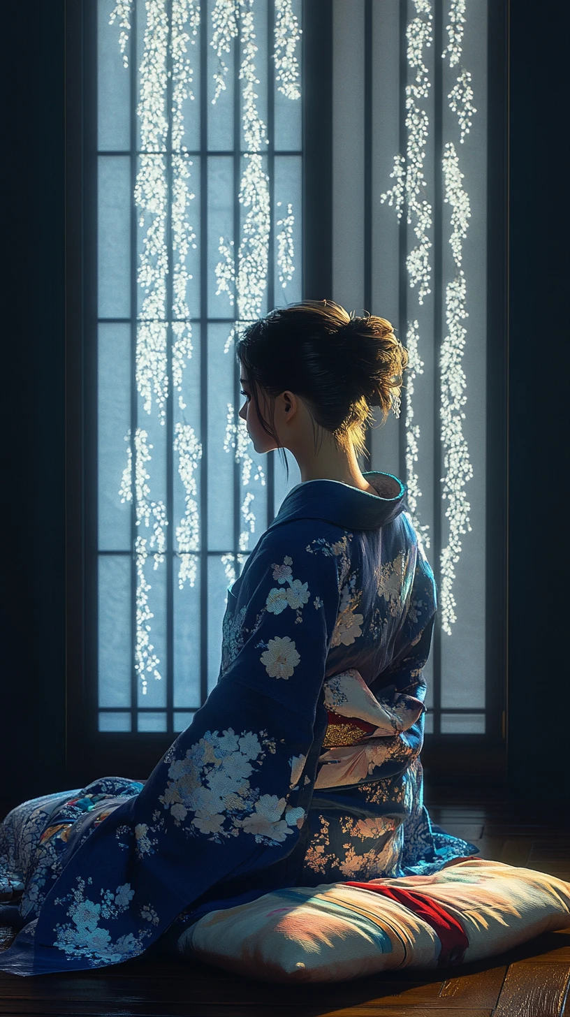 Young woman in indigo kimono under moonlight in Japanese room
