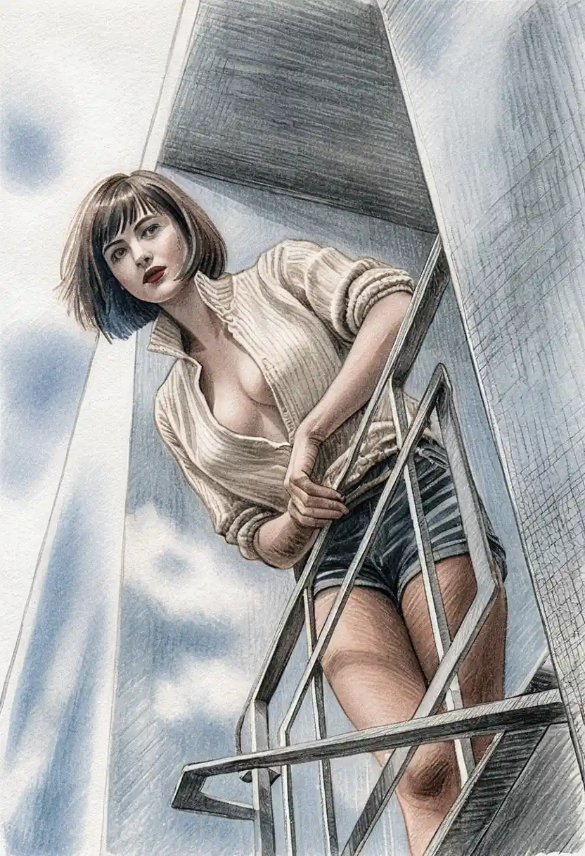 Woman standing on a small balcony seen from low angle