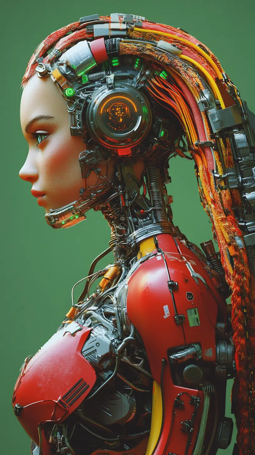 Donna cibernetica futuristica in vivace armatura biomeccanica