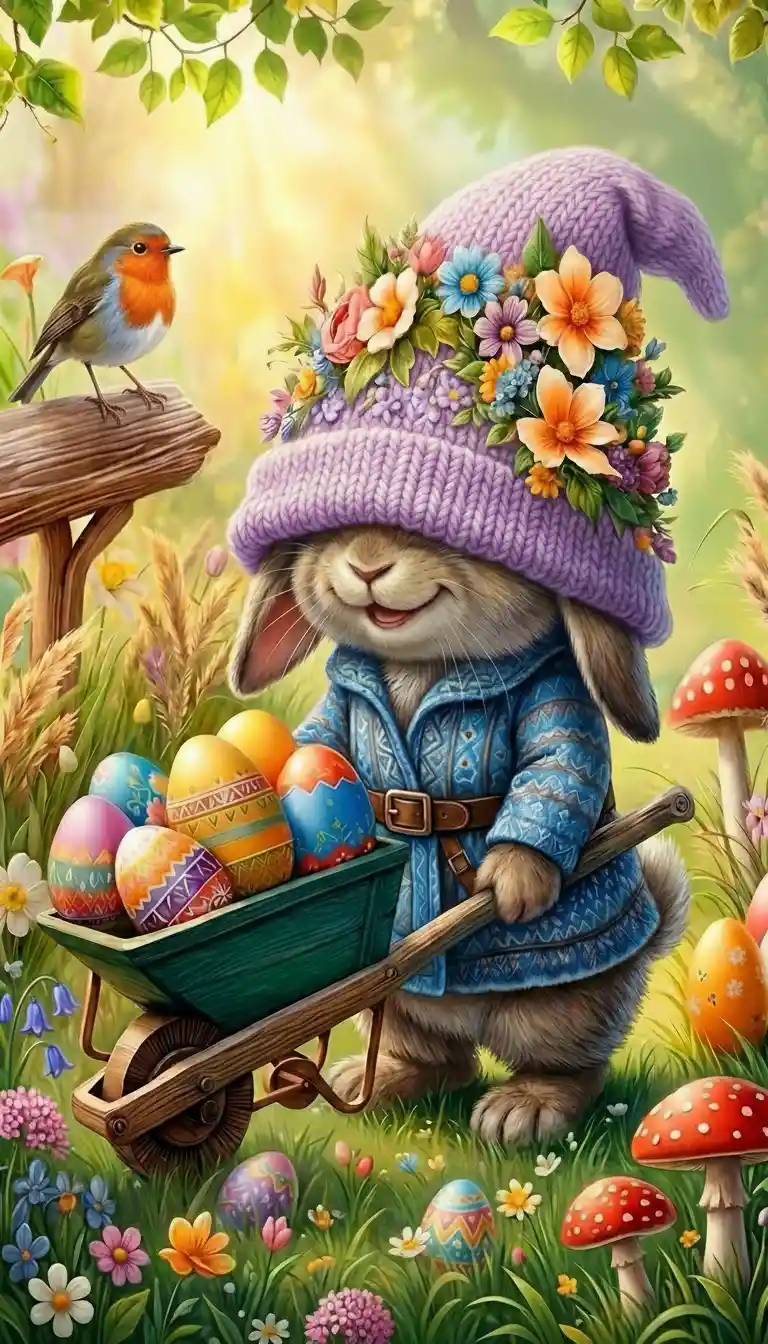 Coniglio di Pasqua che spinge una carriola di uova colorate