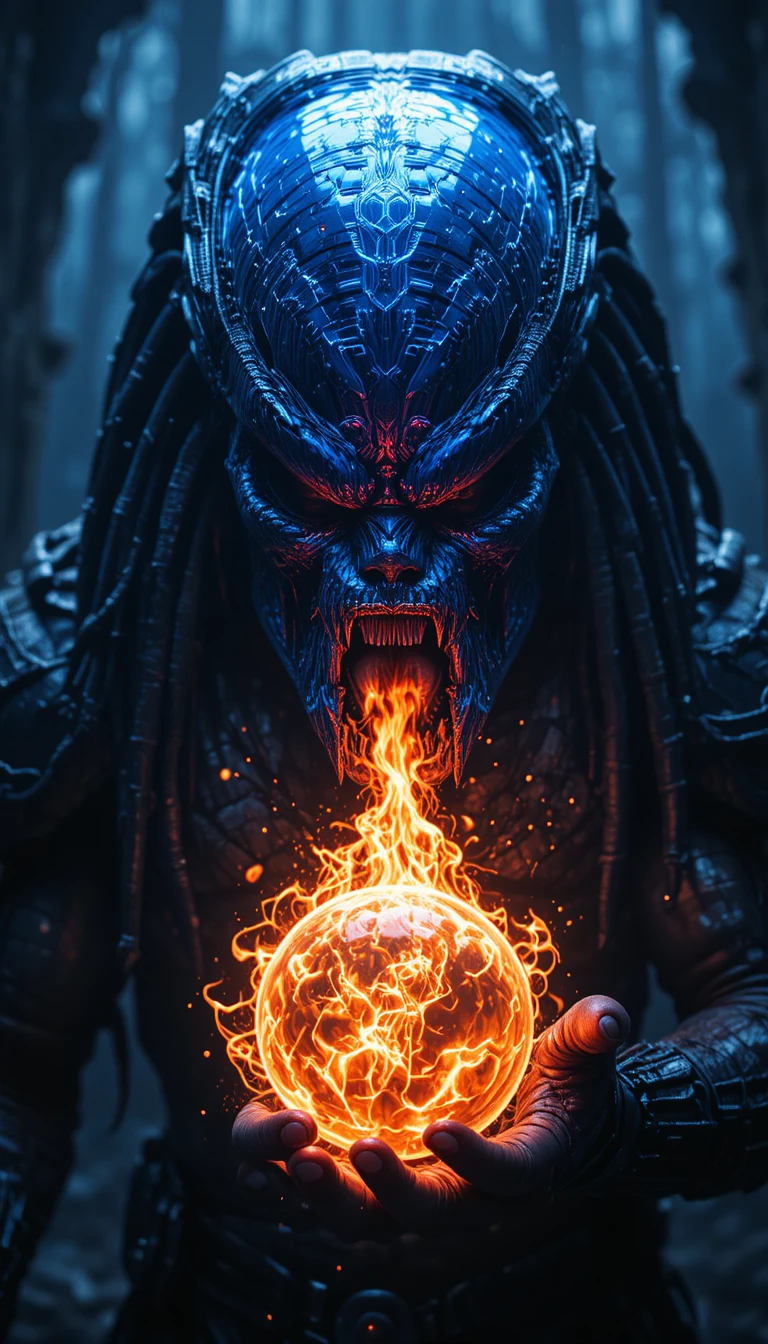 Giant blue holographic predator devouring a fiery soul sphere