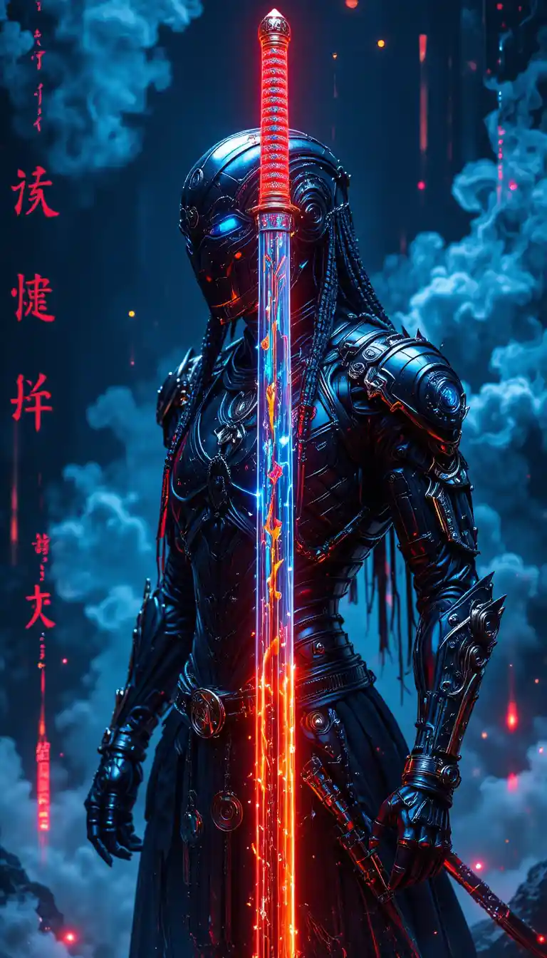 Biomechanical cyborg warrior with glowing katana and smoke