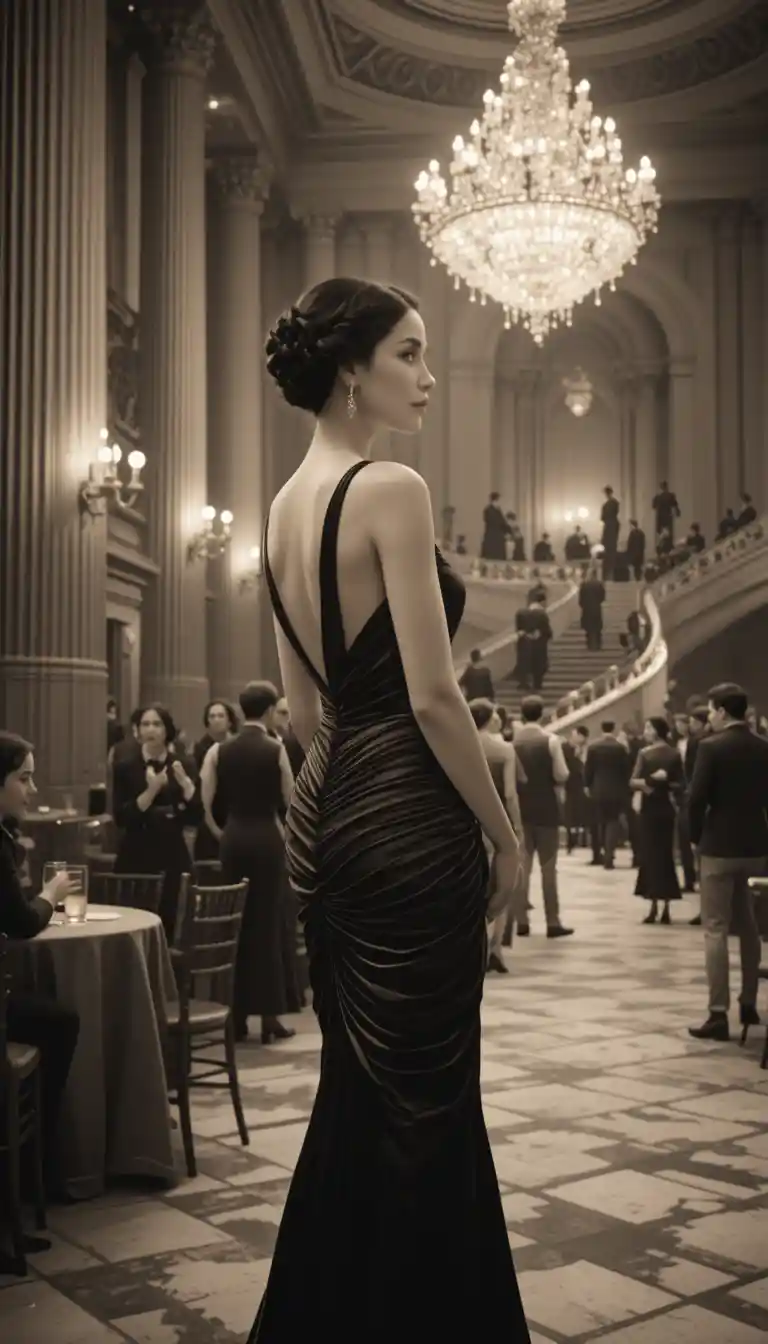 Mujer elegante con vestido de noche en gran salón de baile vintage