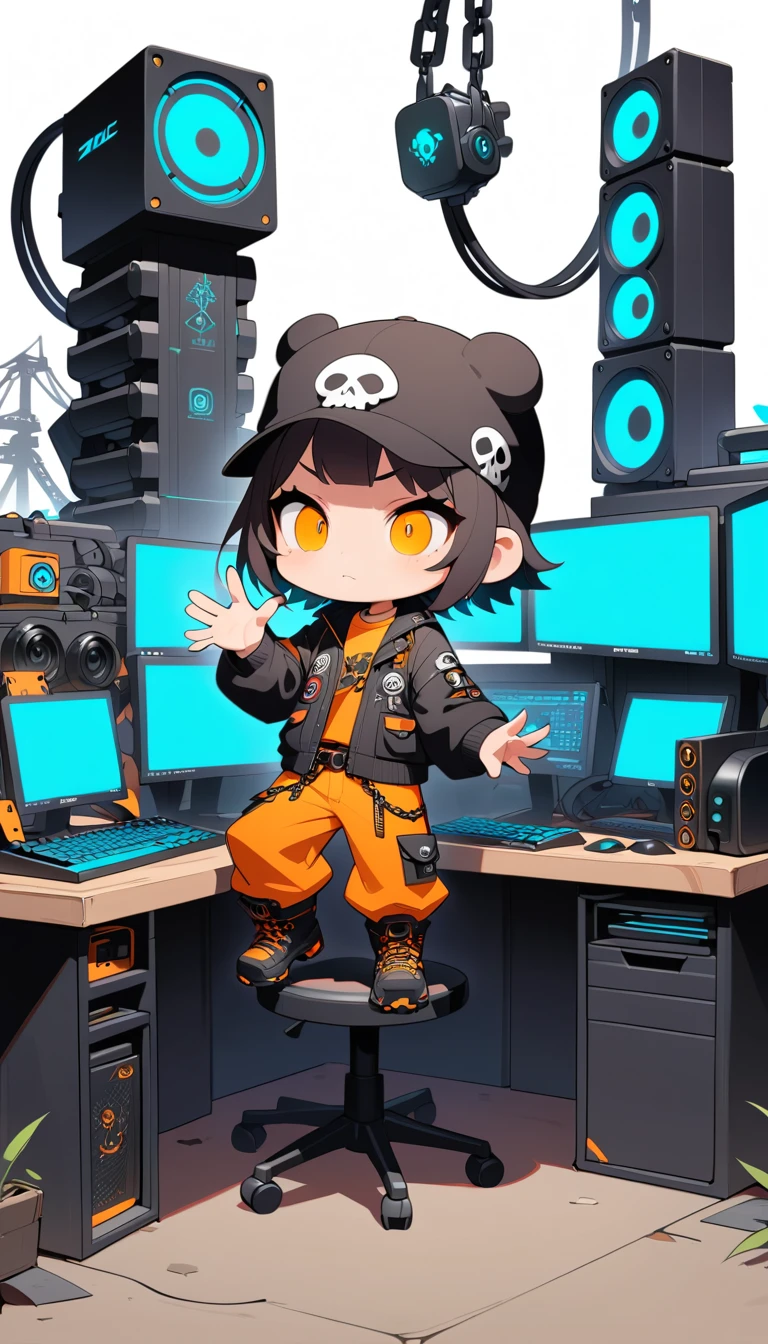 Ragazzo gamer chibi a una scrivania industriale battlestation