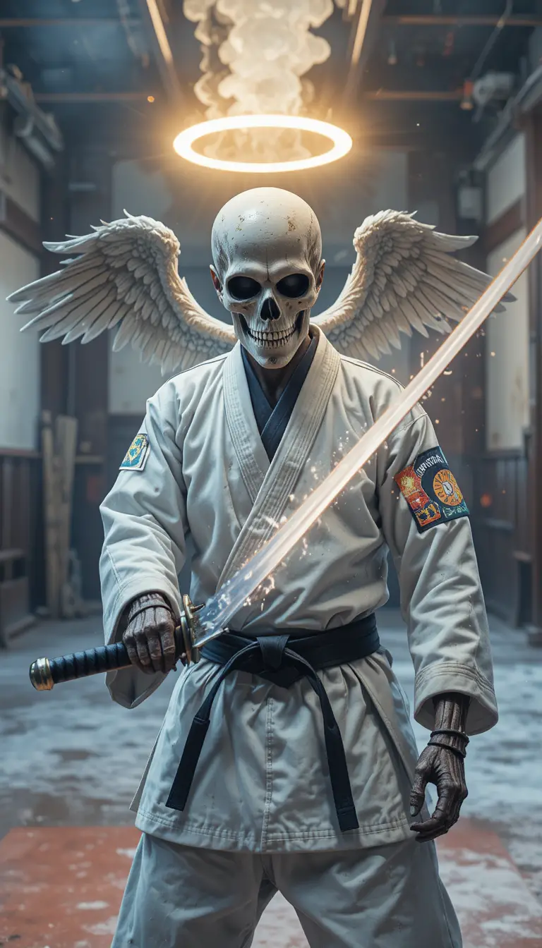 Schädel im Karate-Gi mit Heiligenschein beim Training im Dojo