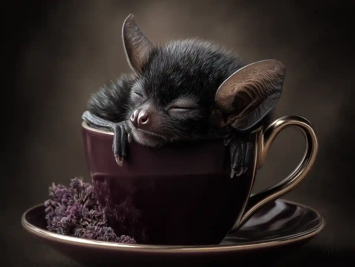 Cute black bat hugging a large coffee cup peacefully