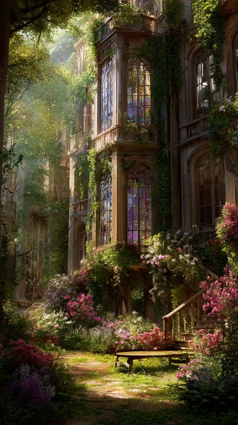 Villa vittoriana in un giardino estivo incolto alla golden hour