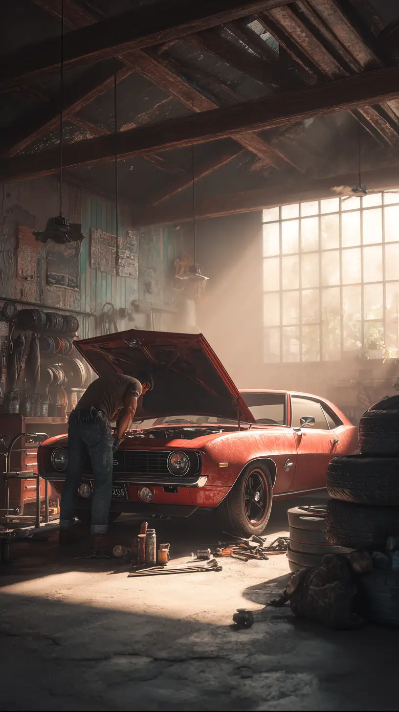 Mechanic Repairing Red Car In Sunlit Garage Interior
