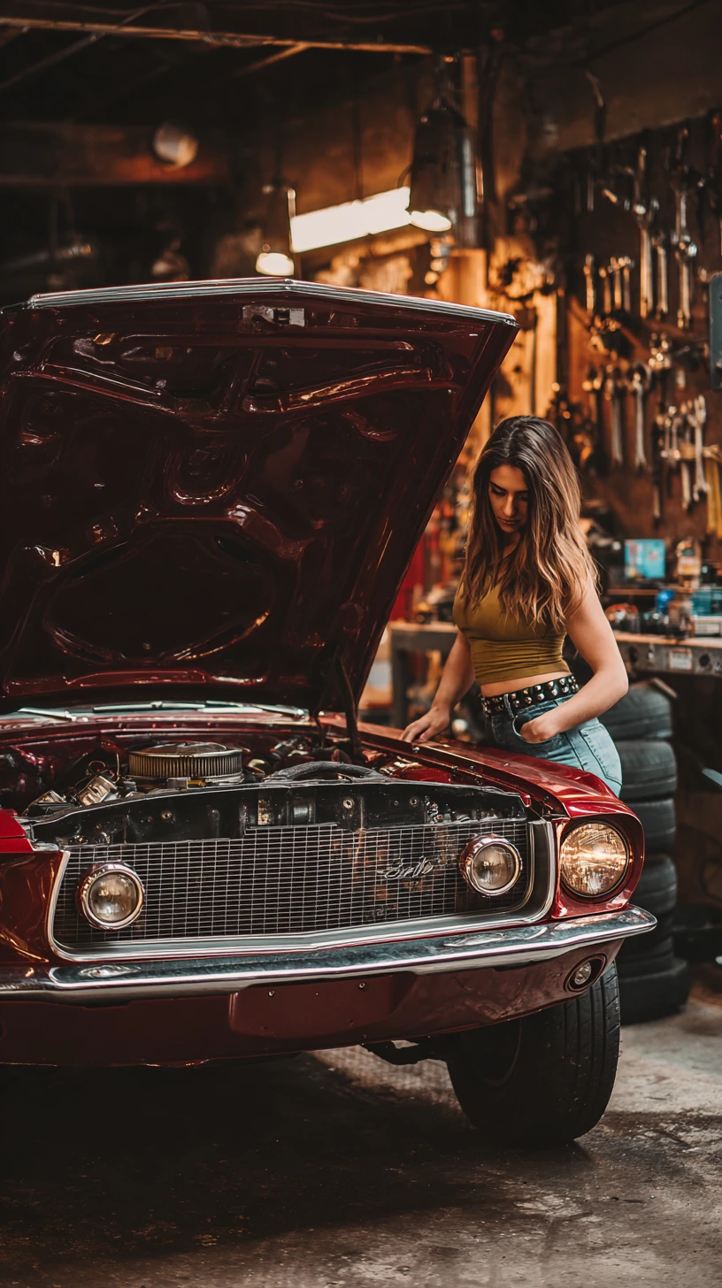 Junger Mechaniker hebt die Motorhaube eines roten Muscle-Cars in der Werkstatt an