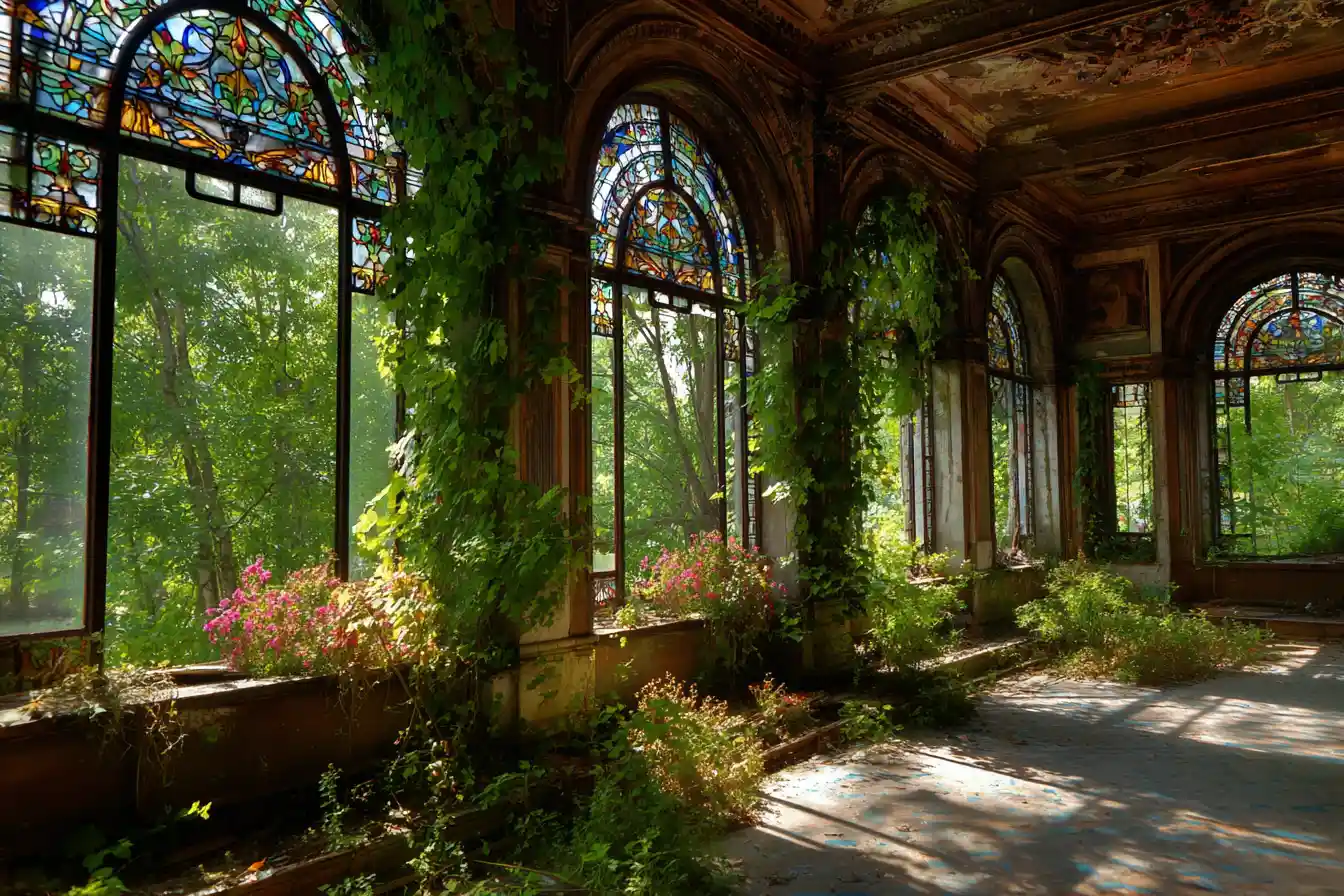 Abandoned ballroom reclaimed by nature in warm stained glass light