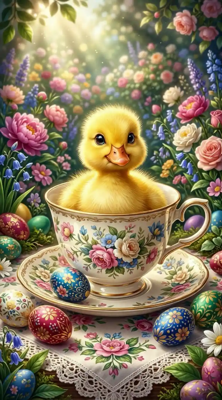 Dolce paperella in tazza da tè floreale con uova di Pasqua pastello
