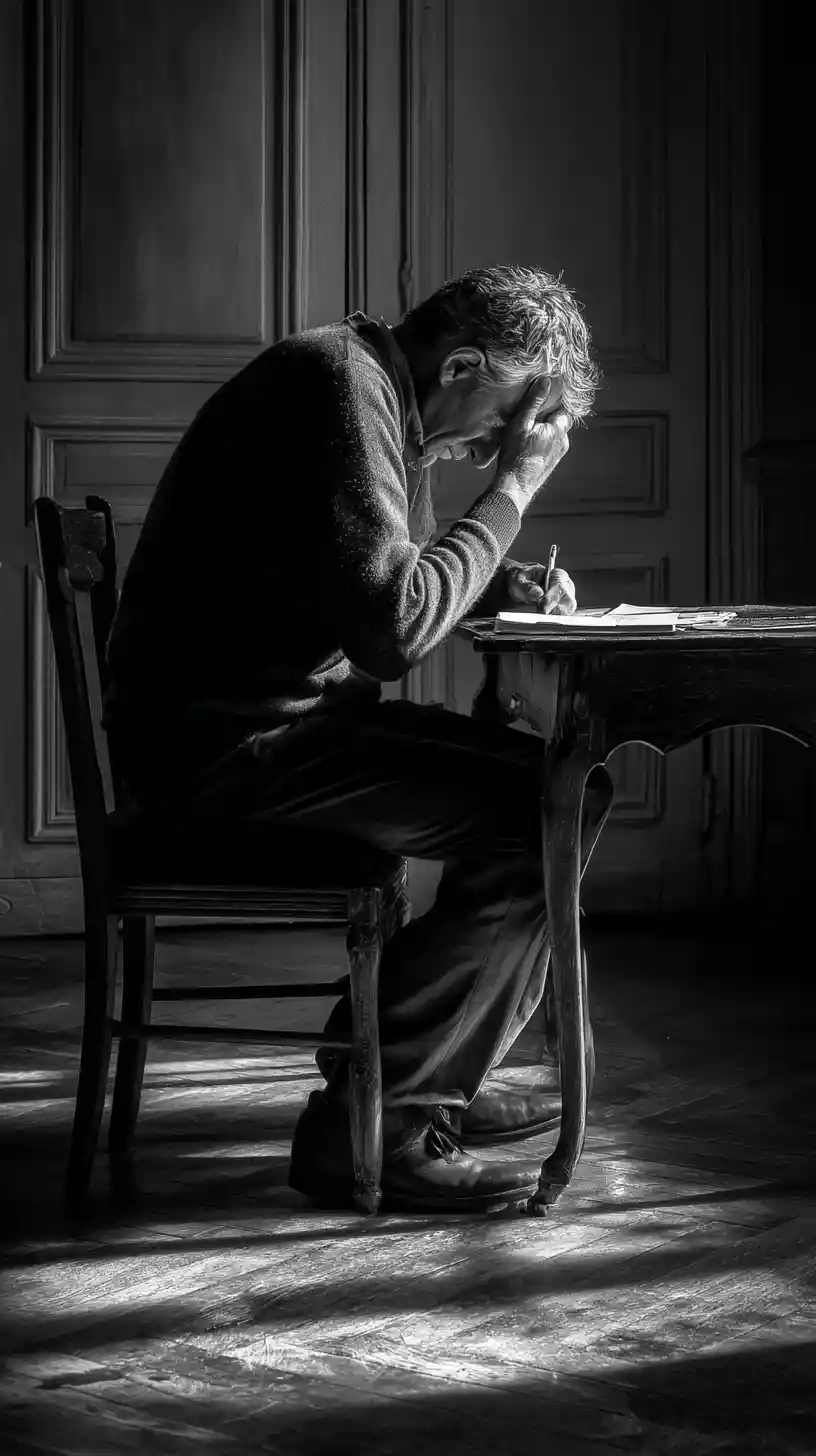 Man bowed under a dark inner sky of ink wings