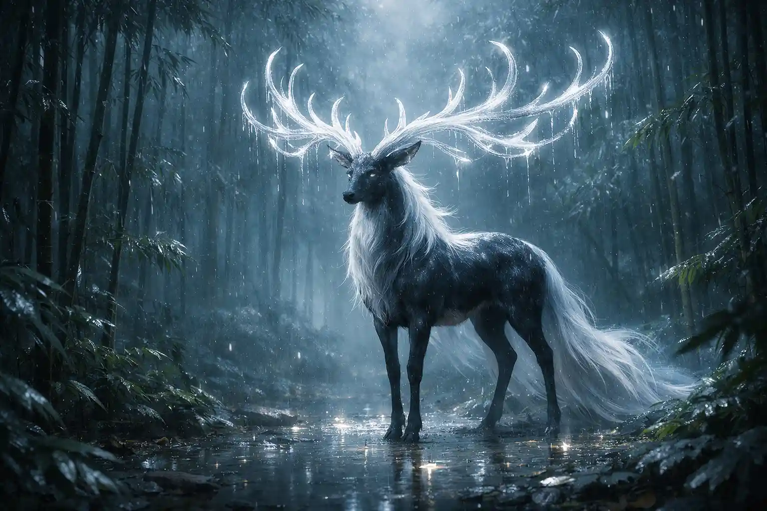 Ciervo mítico en un bosque de bambú a la luz de la luna bajo una lluvia suave