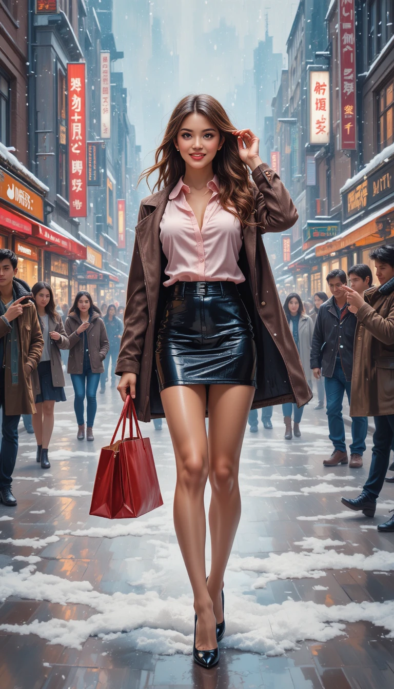 Joyful woman in mini skirt on snowy city street