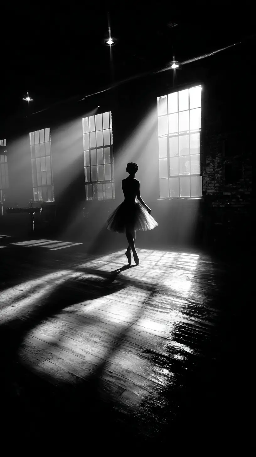 Bailarina na ponta em estúdio de dança esfumaçado com alto contraste
