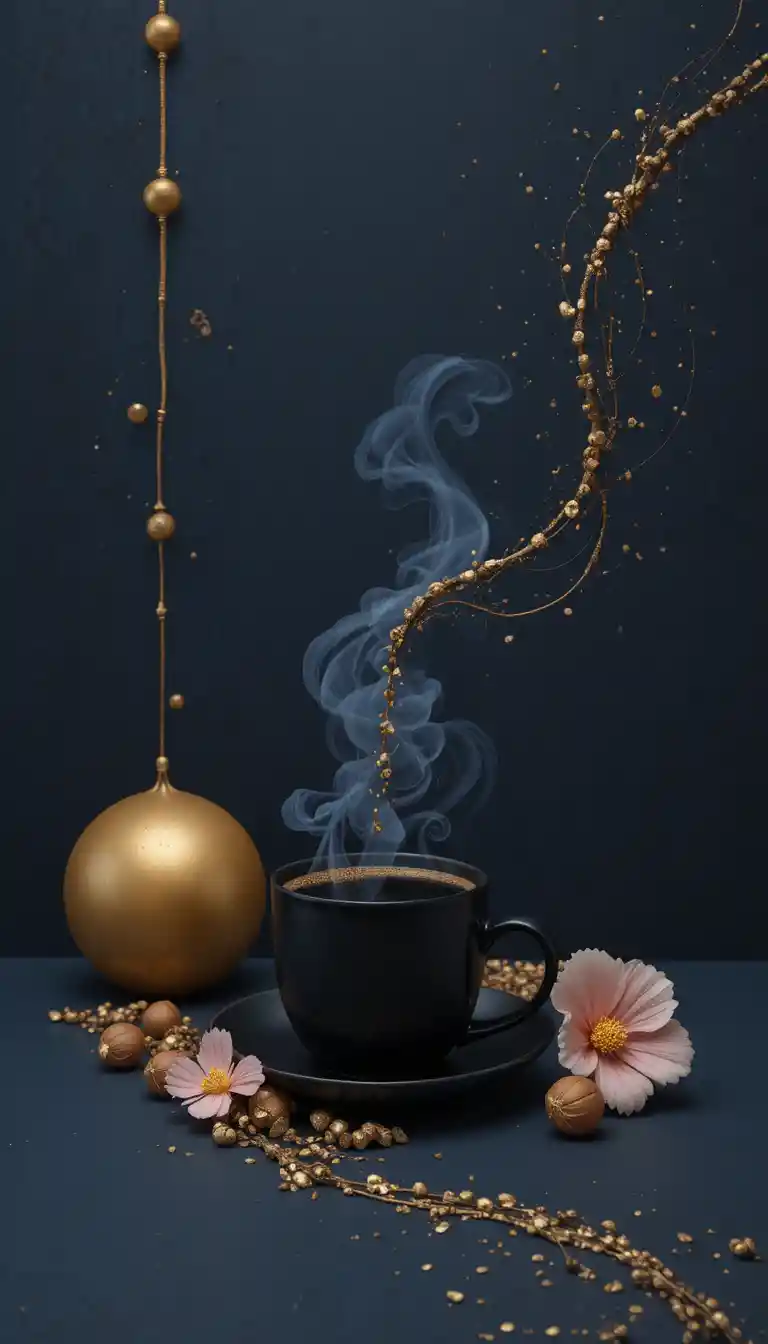 Minimal coffee cup with golden spheres and aroma trail