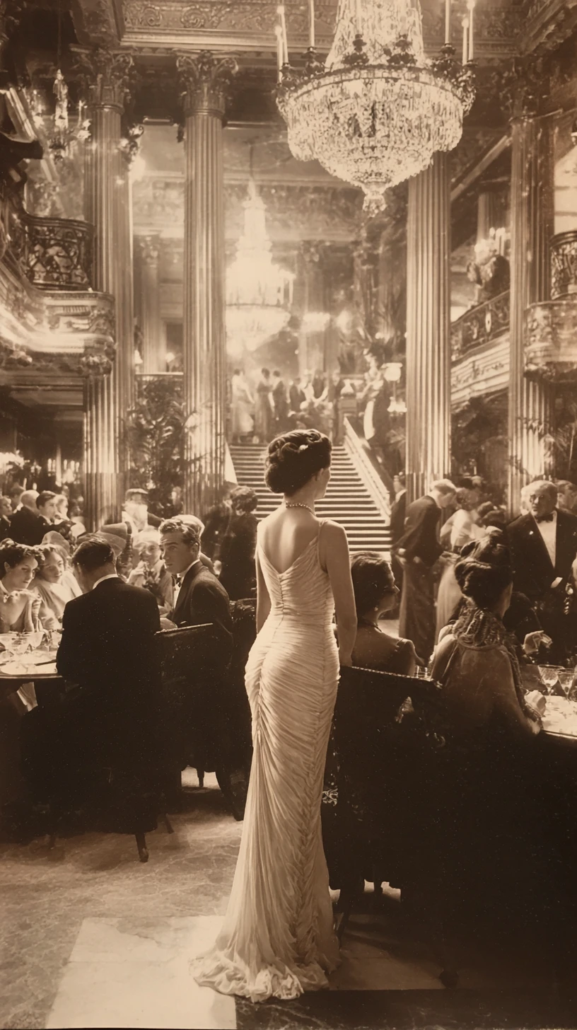 Elegant woman in sepia ballroom with chandelier glow