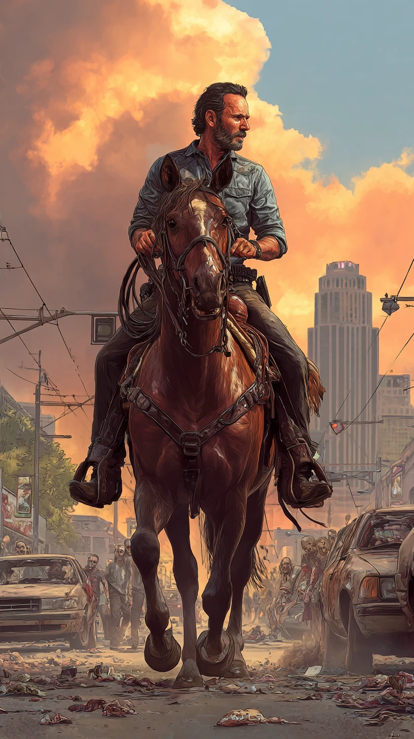 Man on horseback crossing a ruined city bridge