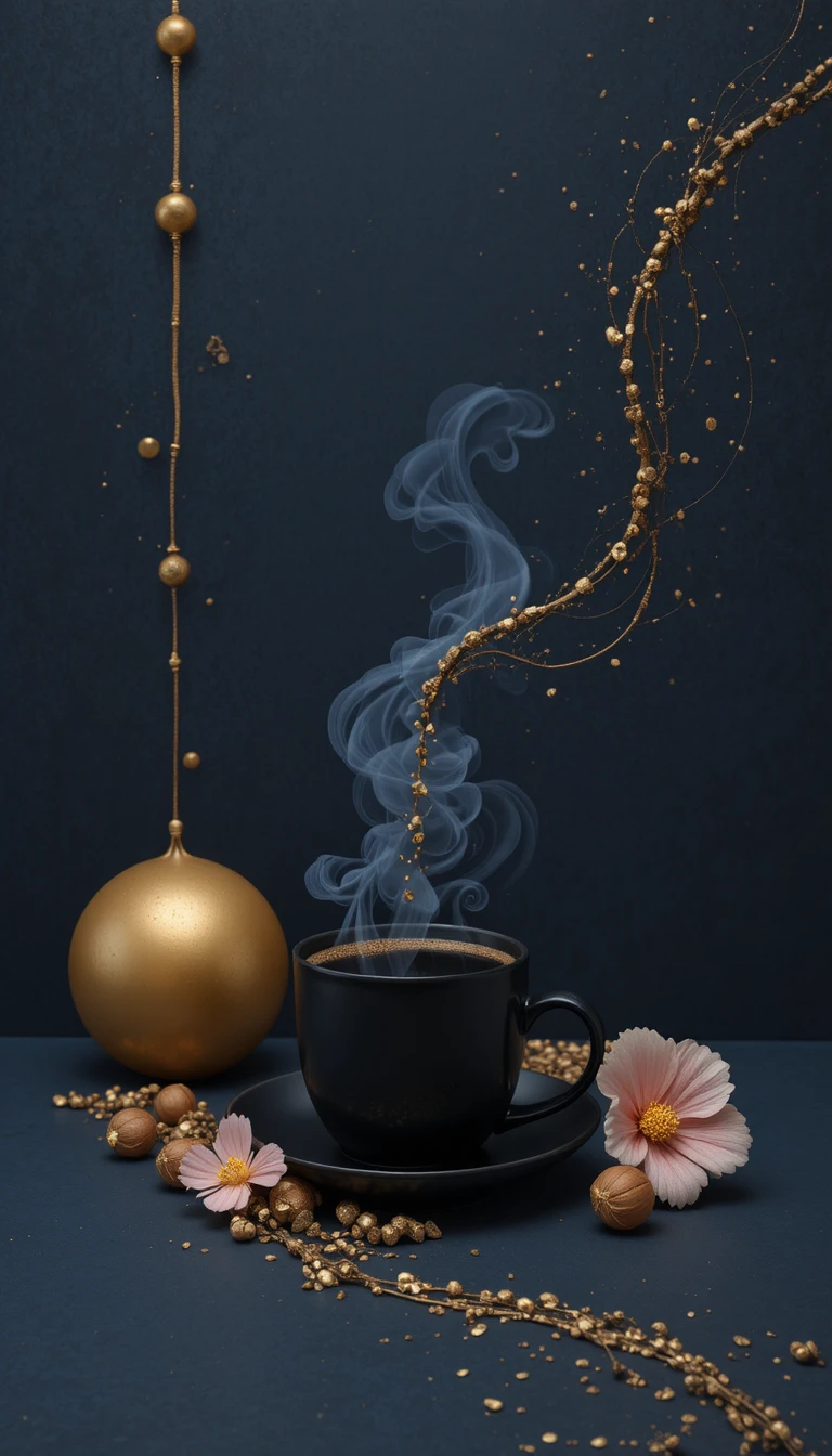 Taza de café minimalista con esferas doradas y rastro de aroma