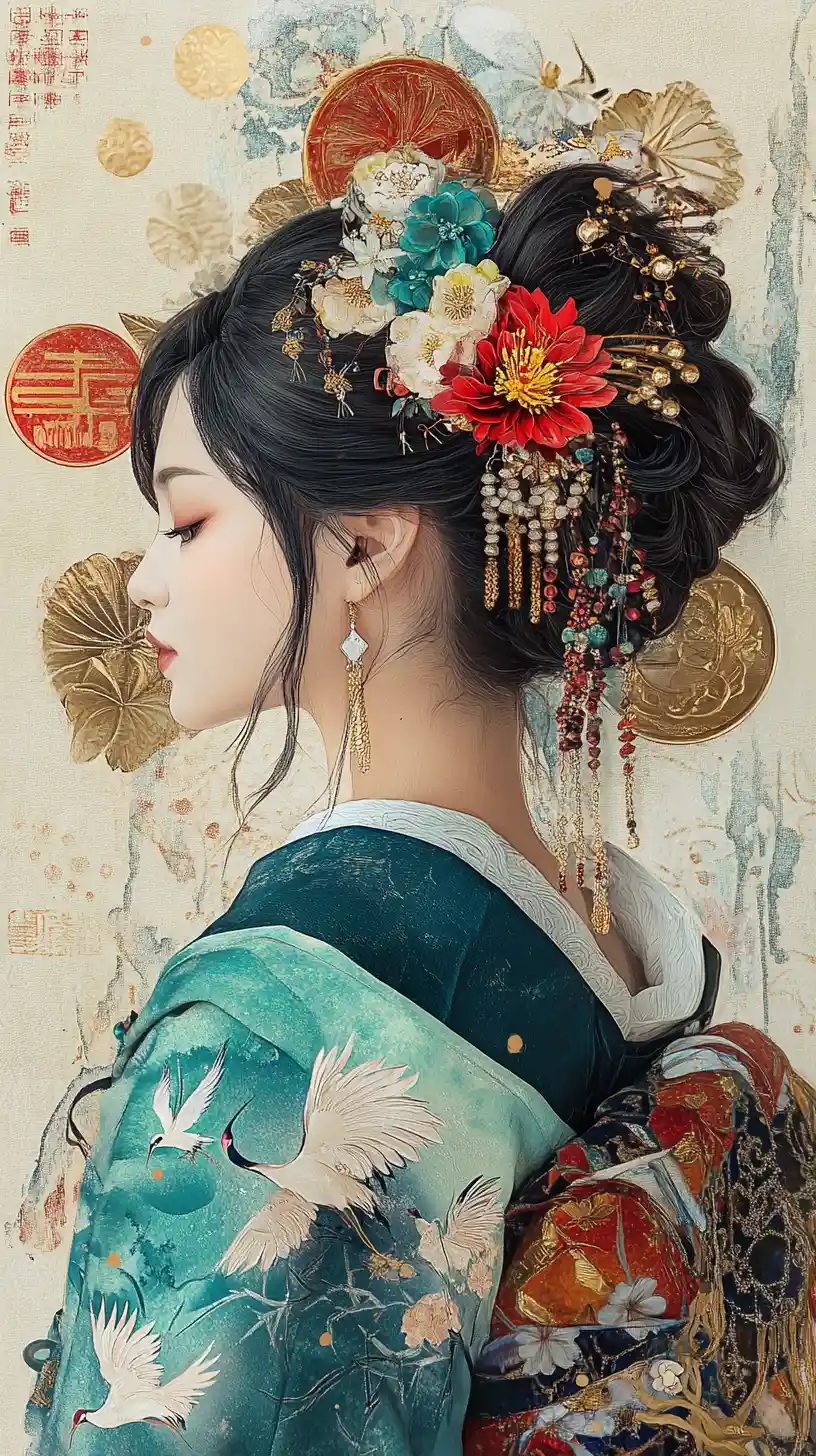 Elegante Frau im Kimono in halbrealistischem Profilporträt