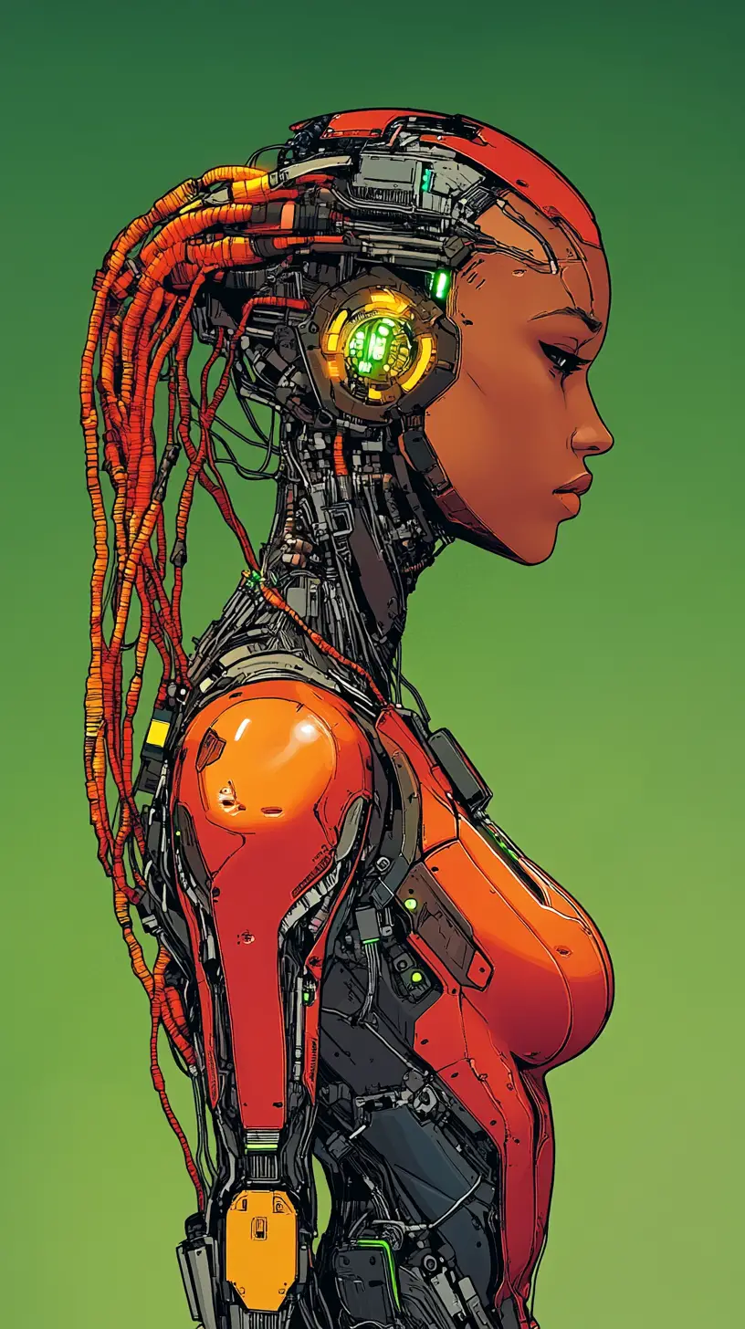 Donna biomeccanica futuristica in elegante profilo cibernetico