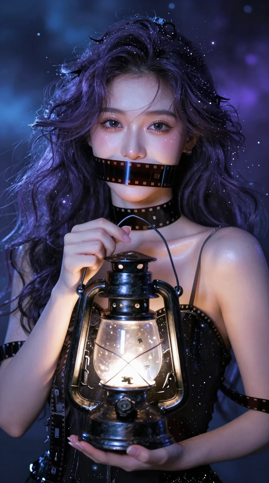 手持發光宇宙燈的年輕天界女神肖像