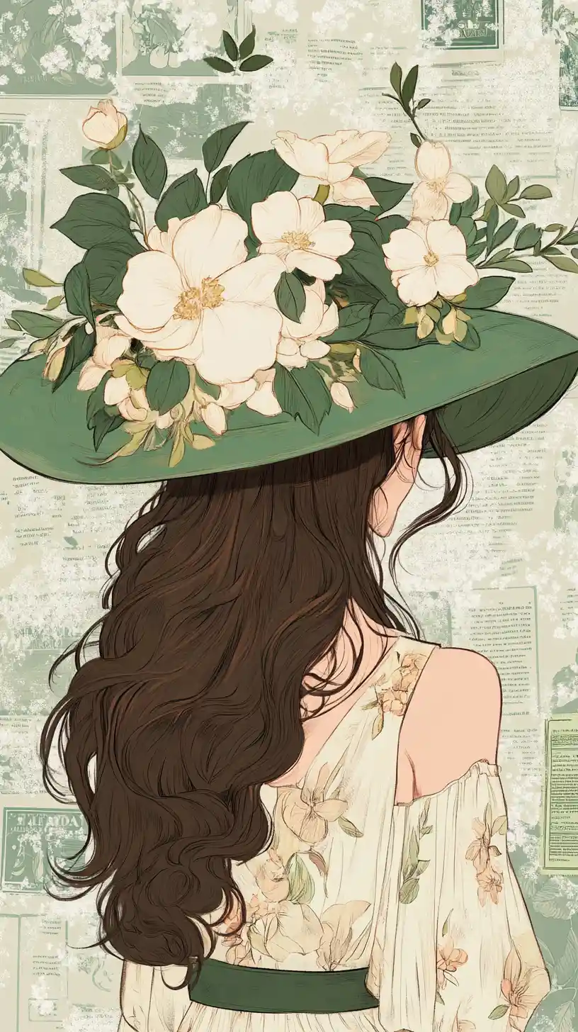 Anime woman in floral dress with wide brim hat