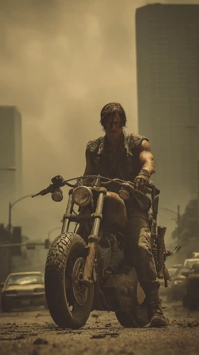 Bearded survivor on motorcycle in post apocalyptic city