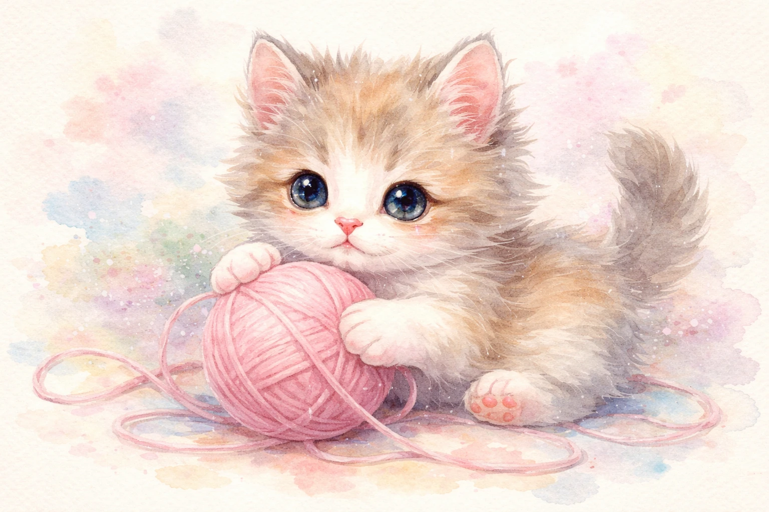 Cute fluffy kitten playing with yarn in watercolor art