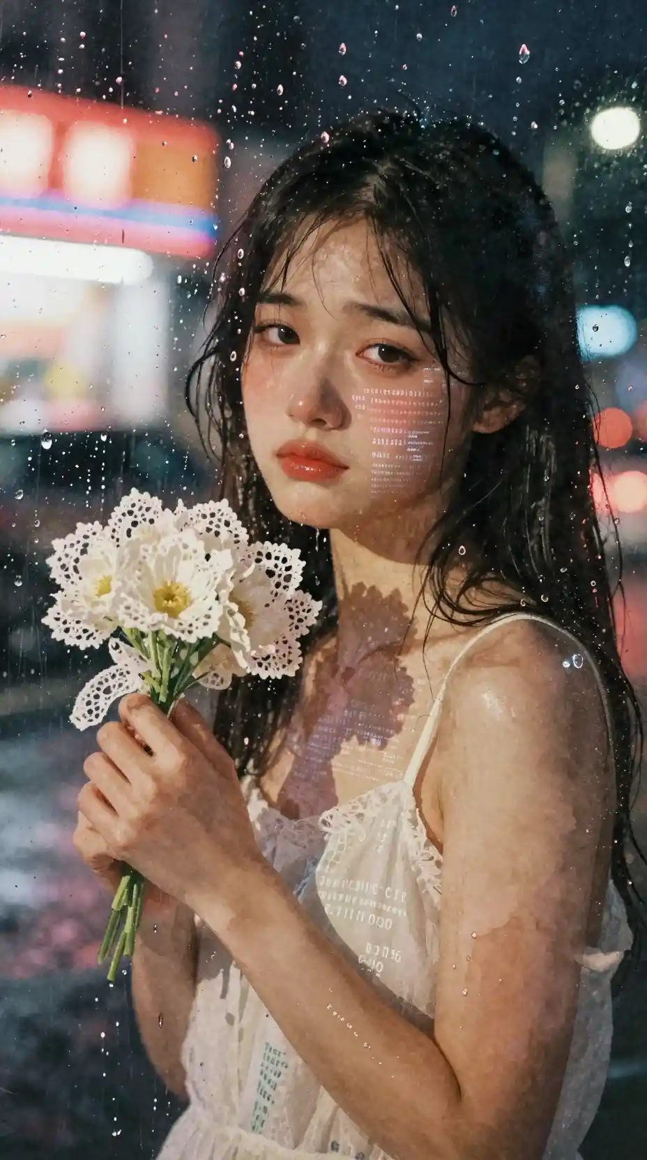 Watercolor girl portrait in a rainy neon lit window