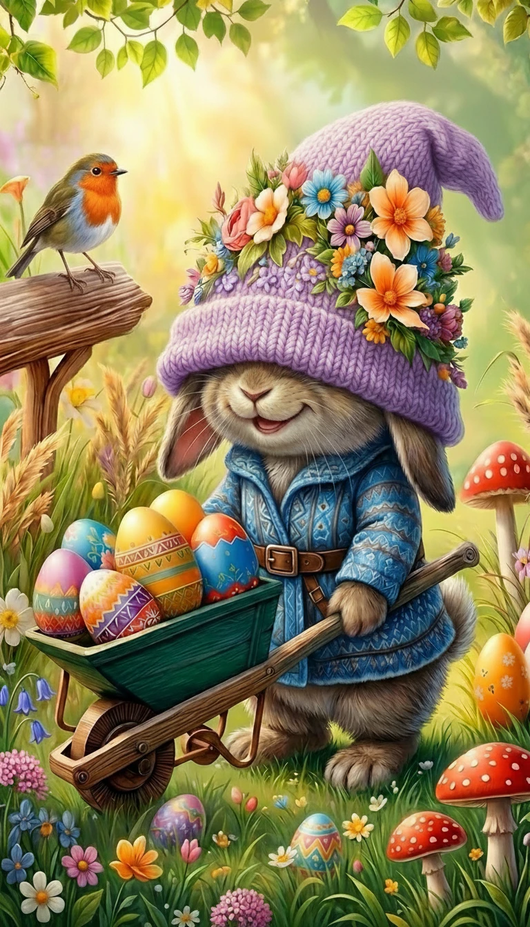 Conejo de Pascua empujando una carretilla de huevos de colores