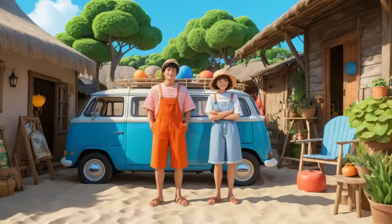 Coppia di cartoni animati coccolosa che si gode una giornata rilassante in spiaggia