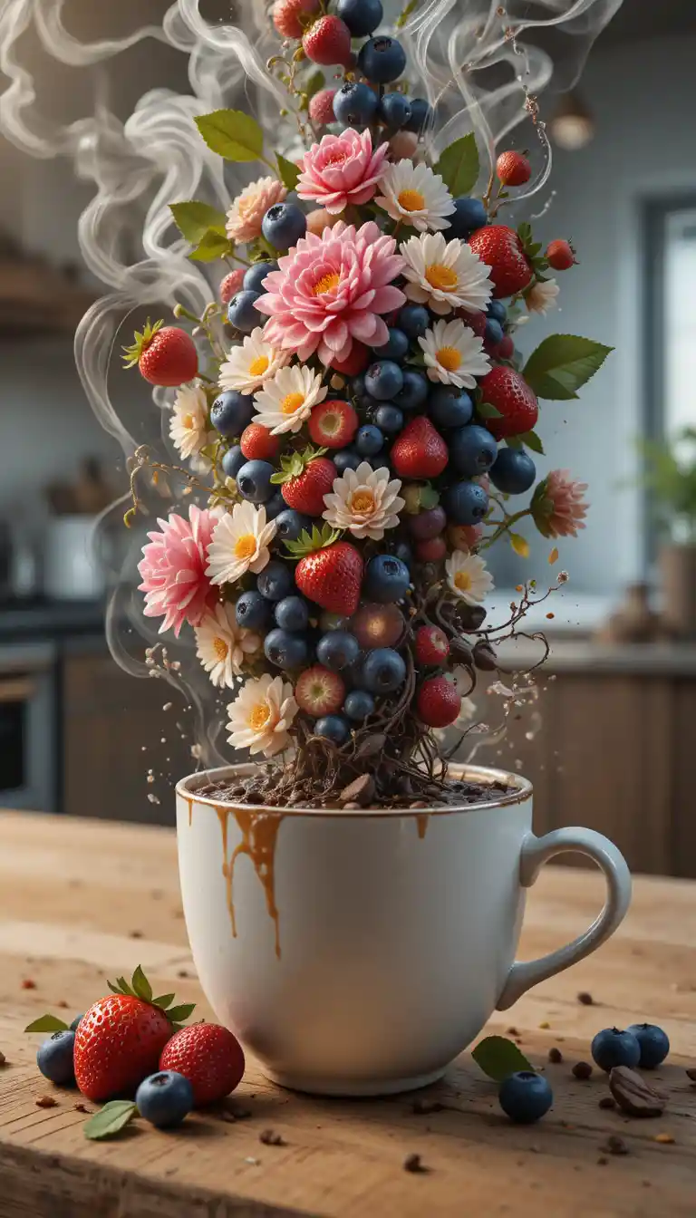 Vortice a spirale di frutta e fiori che sale da una tazza di caffè