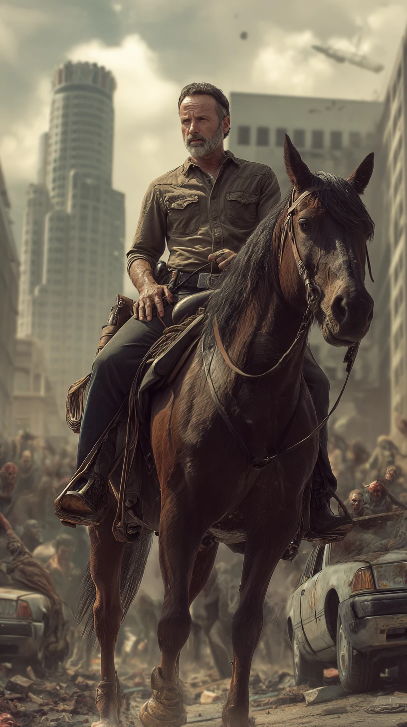 Cowboy riding a horse across an empty city bridge