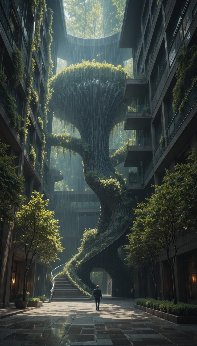 Futuristischer Turm mit riesigem Baum über nasser Steinplattform