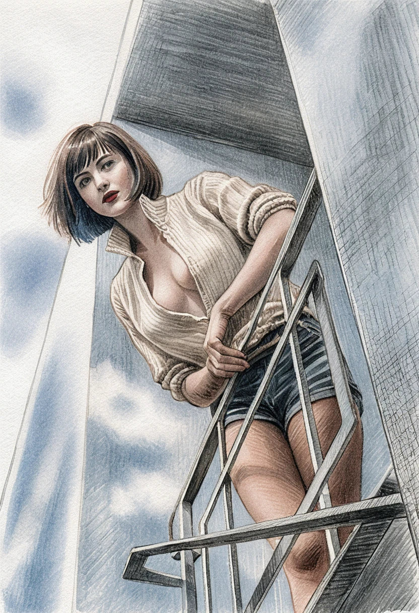 Woman standing on a small balcony seen from low angle