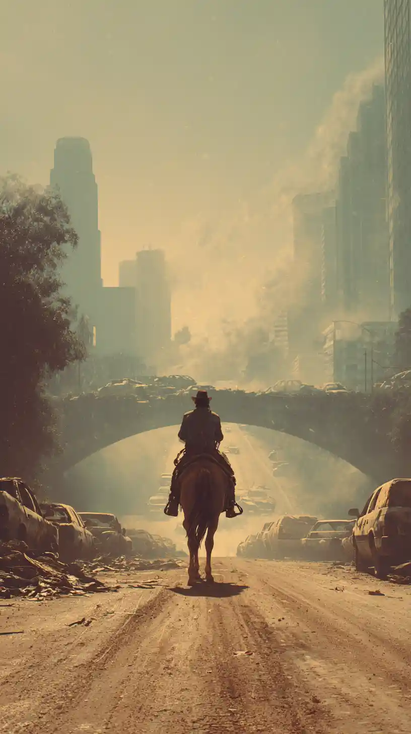 Cowboy riding a horse across an empty city bridge