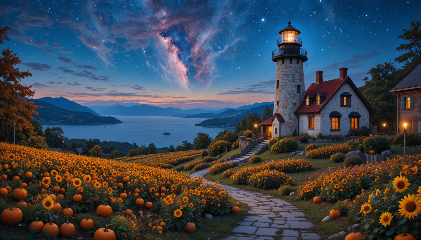 Faro costiero sotto il cielo del crepuscolo con stelle e oceano
