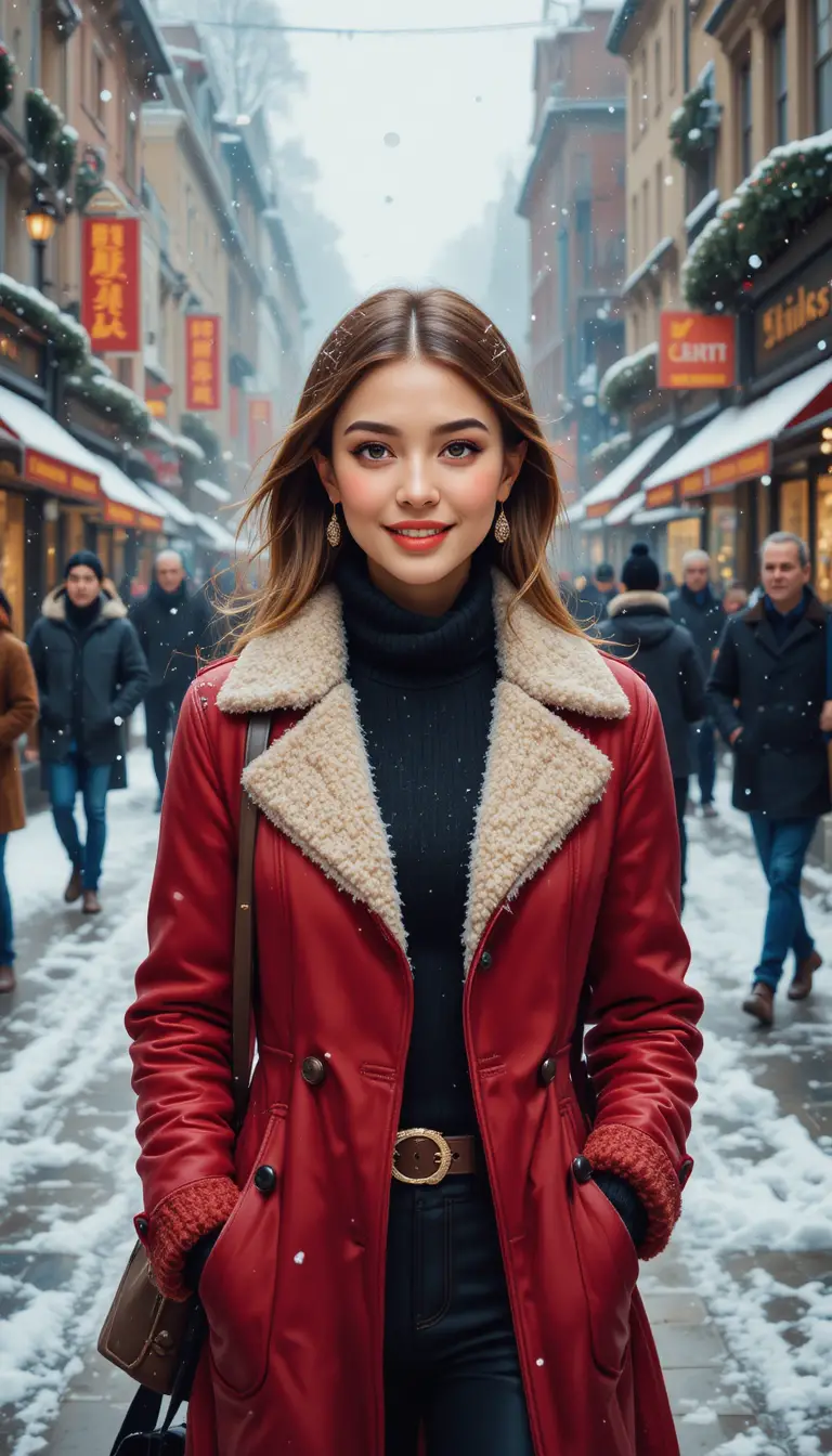 Smiling woman in winter city street with gentle snowfall