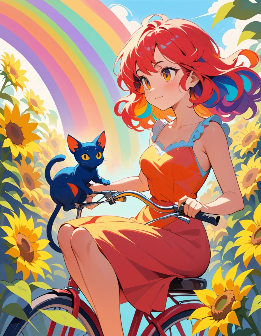 Girl on red bicycle in a sunflower garden painting