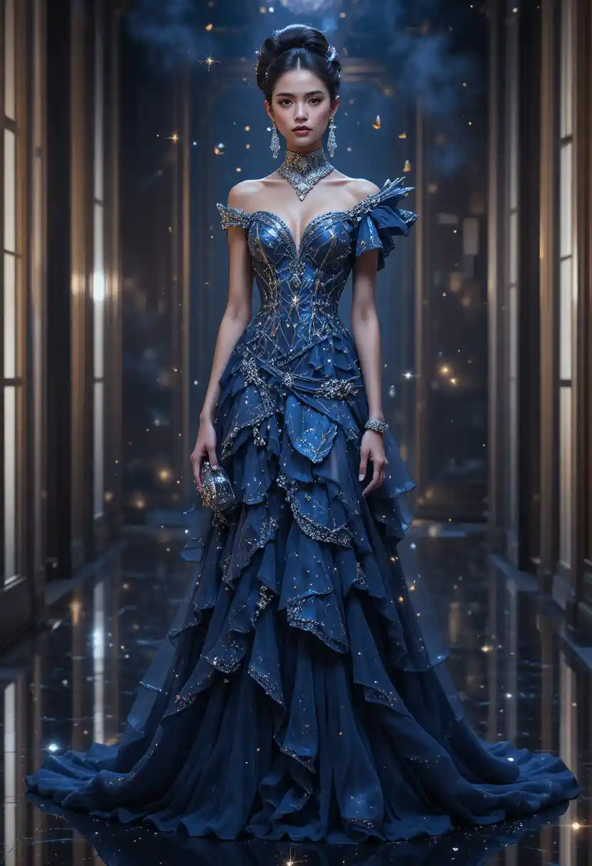 Mulher de alta-costura celestial em vestido escultural azul‑meia‑noite