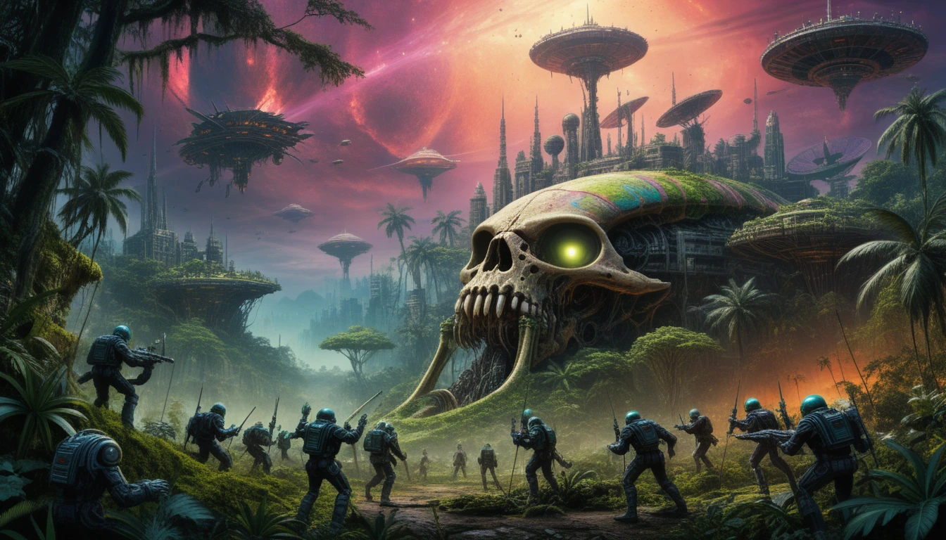 Alien Skull City Rising From A Steamy Jungle World